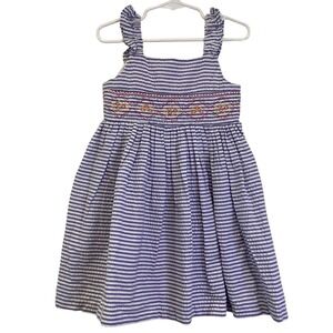 Bonnie Jean Girls 4T Blue White Striped Smocked Sundress Embroidery Ruffle Strap